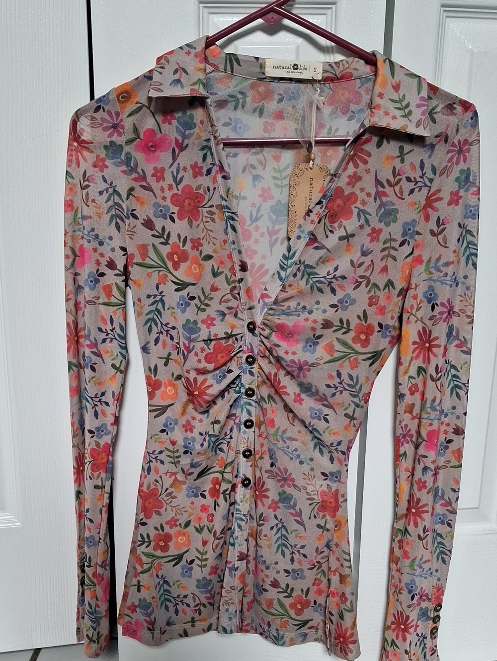 NATURAL LIFE Floral Sheer Button-Front Top in Pink, Orange, Blue & Green